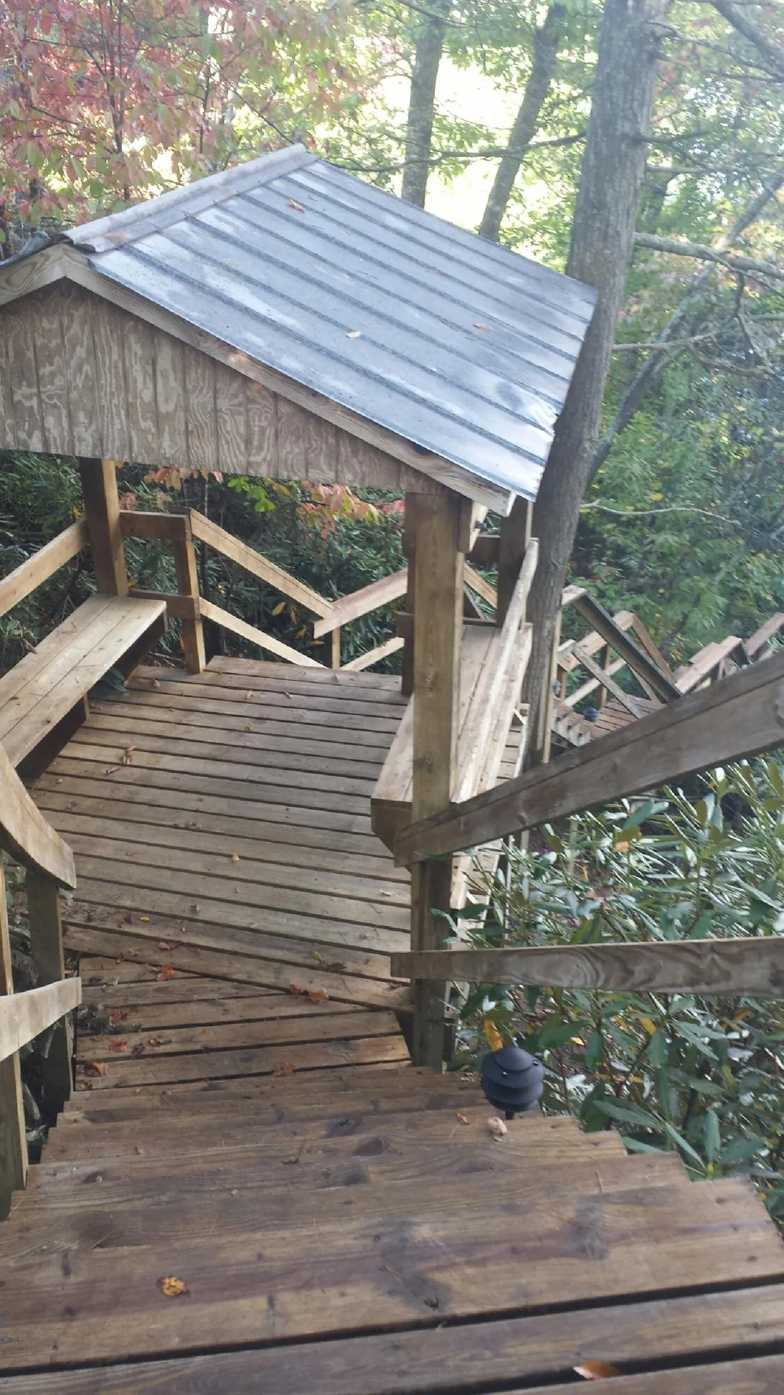 Metal roofed shelter over wooden steps on a wooded walkway — Skylight Repair & Installation work by our crew in Vanleer